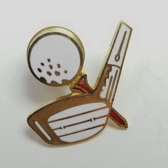 Vintage Golf Club Tee and Ball White Enamel Gold Tone Brooch Lapel Pin, Golfer - Picture 1 of 6